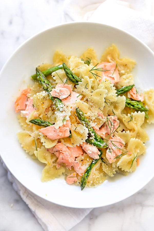 Creamy Bow Tie Pasta with Salmon and Asparagus | foodiecrush.com