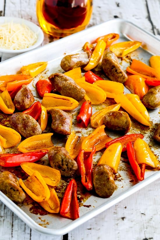 Roasted Onion, Peppers and Sausage Sheet Pan Dinner from Kalyn's Kitchen on foodiecrush.com