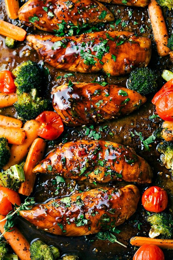 One Pan Balsamic Chicken and Veggies from Chelsea's Messy Apron on foodiecrush.com