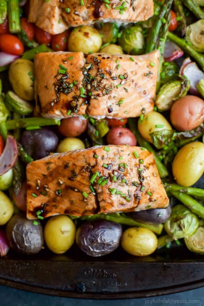 Sheet Pan Honey Balsamic Salmon with Brussels Sprouts from Joyful Healthy Eats | foodiecrush.com