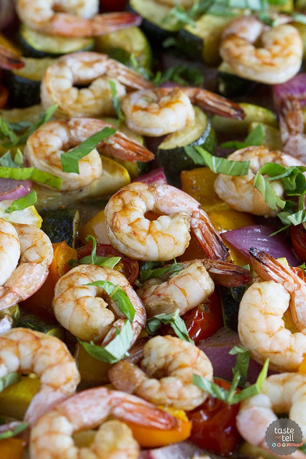Sheet Pan Balsamic Shrimp and Summer Vegetables from Taste and Tell Blog on foodiecrush.com