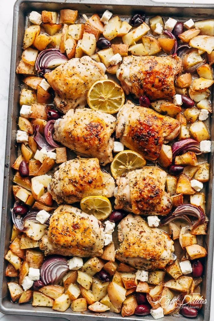 Greek Chicken and Potatoes Sheet Pan Dinner from Cafe Delites on foodiecrush.com