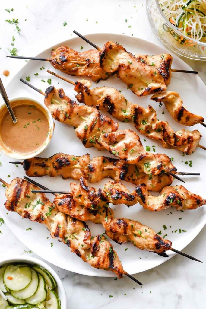 Grilled Chicken Sate with Lighter Almond Dipping Sauce Recipe | foodiecrush.com 