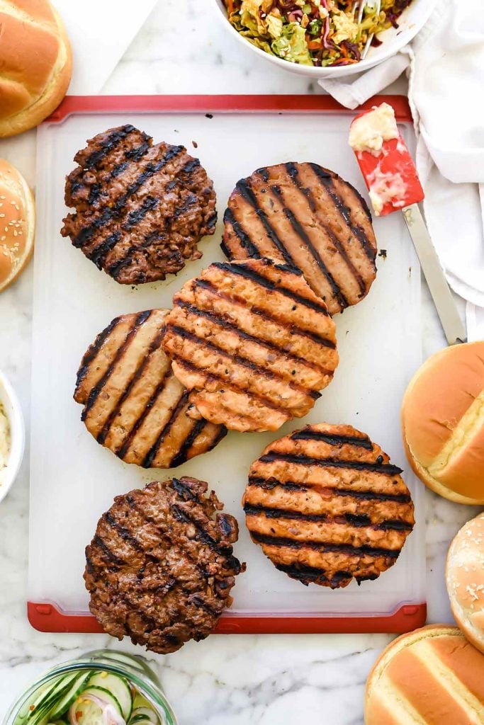 Korean BBQ Burgers in salmon, beef and chicken flavors | foodiecrush.com