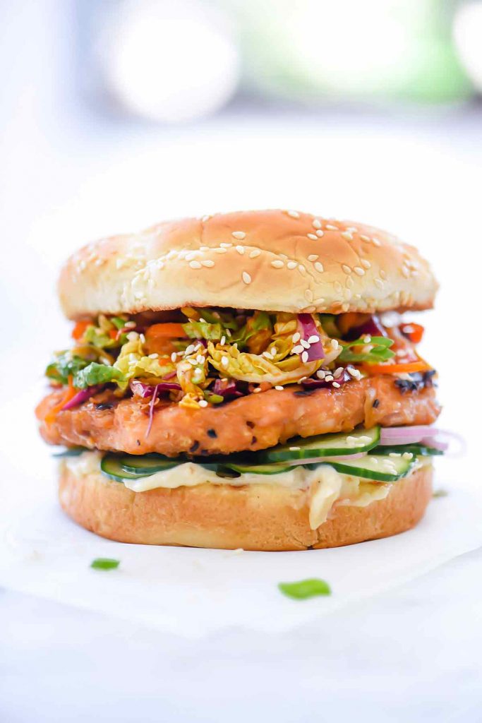 Korean BBQ Salmon Burger with Kimchi Slaw | foodiecrush.com