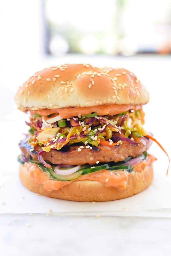 Korean BBQ Chicken Burger with Kimchi Slaw | foodiecrush.com