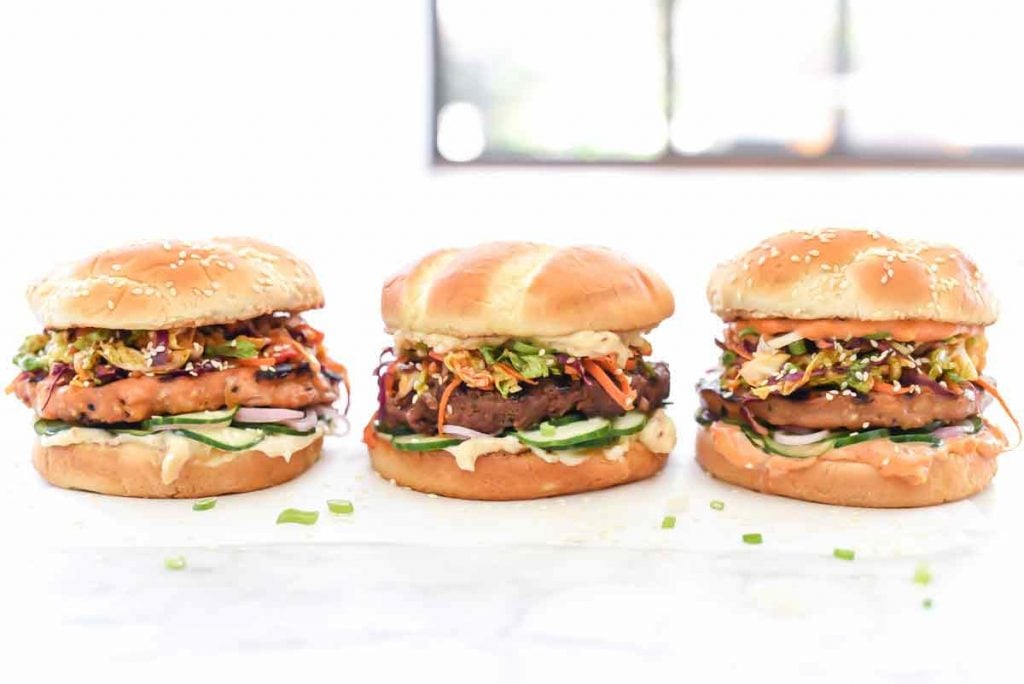 Three ways to make Korean BBQ Burgers with salmon, chicken or beef | foodiecrush.com