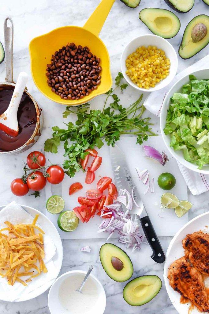 Southwest BBQ Chicken Salad Ingredients | foodiecrush.com | Grilled Chicken Salad | Salad Dinner | CPK Salad | flat lay food