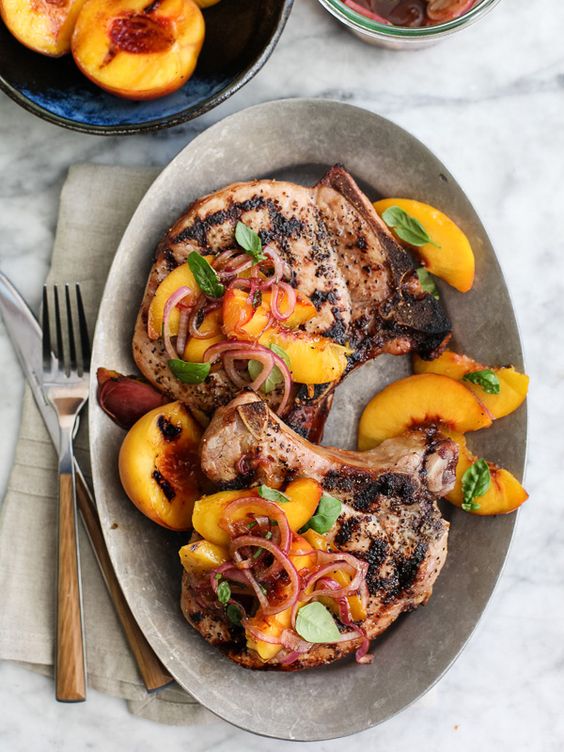 Grilled Pork Chops with Spicy Balsamic Grilled Peaches from foodiecrush.com on foodiecrush.com