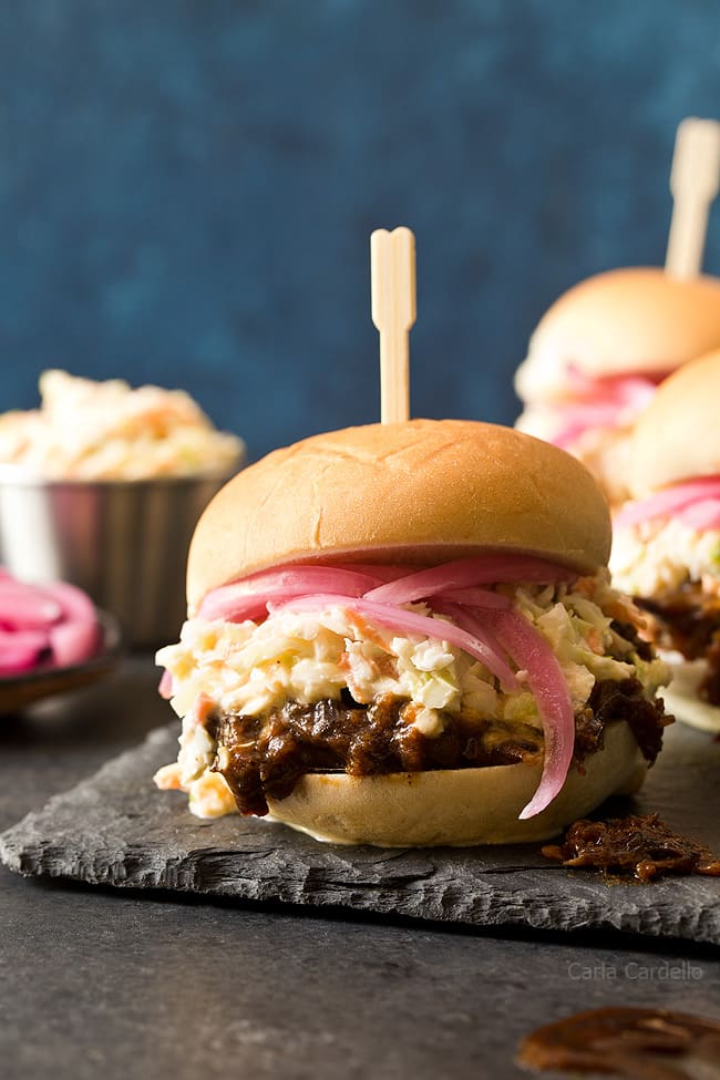 Slow Cooker Shredded Beef Sliders from Chocolate Moosey on foodiecrush.com