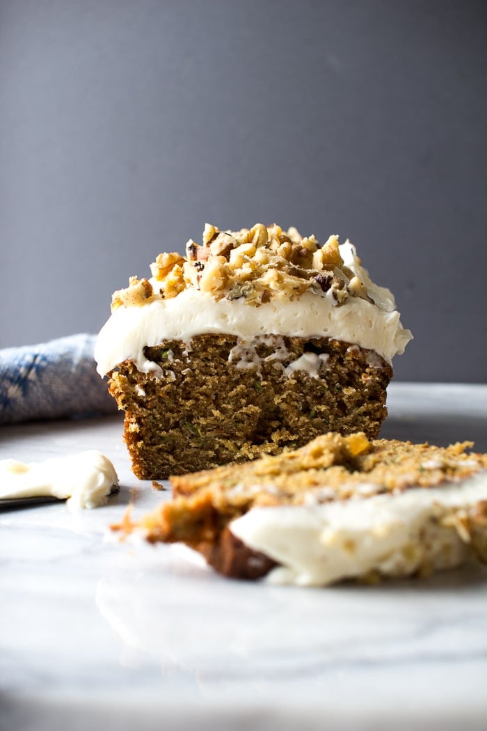 Carrot Zucchini Bread with Cream Cheese Frosting and Walnuts from flourishingfoodie.com on foodiecrush.com