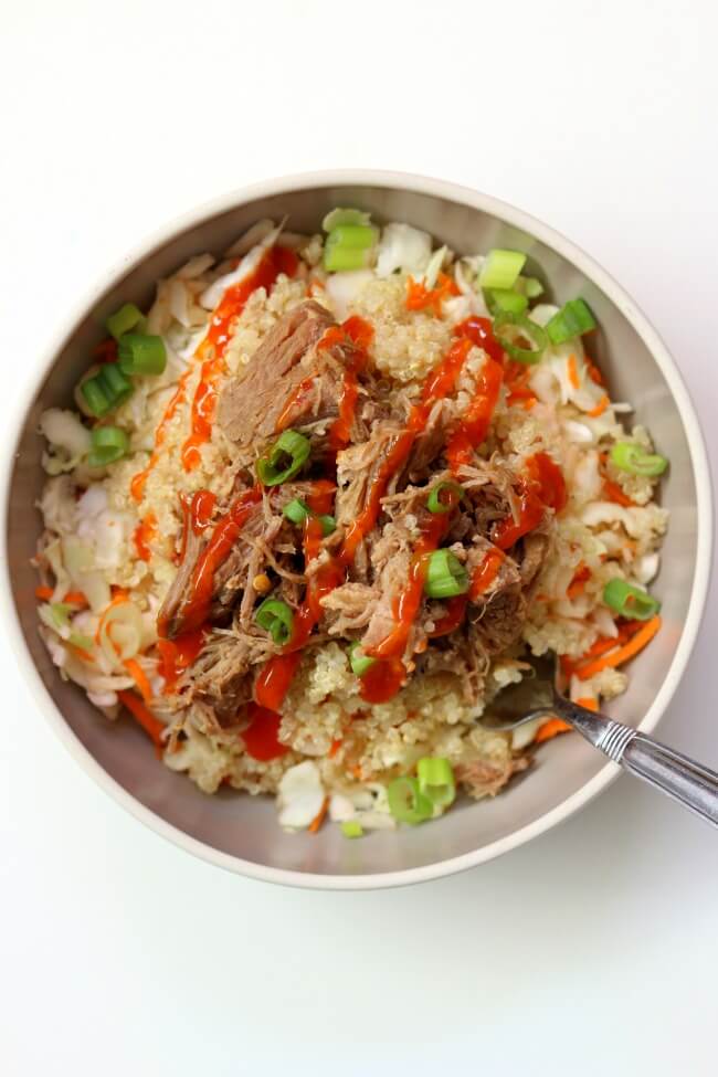 Slow Cooker Pork Quinoa Cabbage Bowls from 365 Days of Slow Cooking on foodiecrush.com