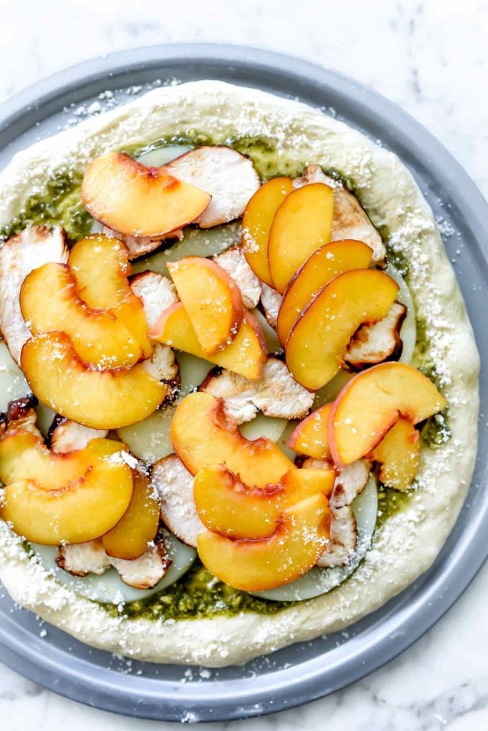 Pesto Pizza with Balsamic Chicken and Peaches | foodiecrush.com 