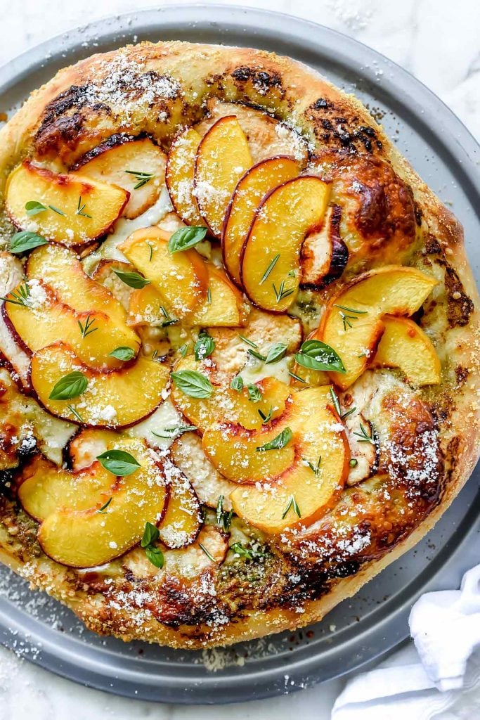 Pesto Pizza with Balsamic Chicken and Peaches | foodiecrush.com