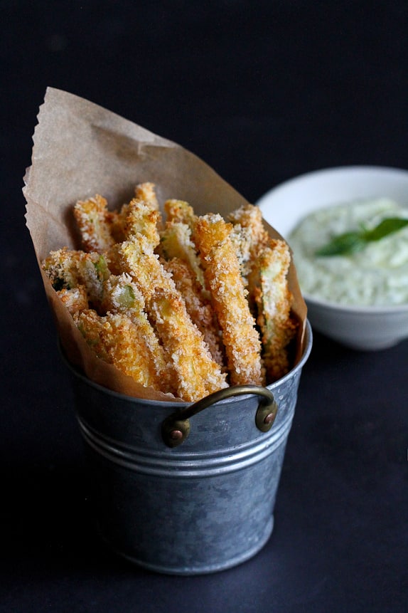Baked Zucchini Fries with Pesto Yogurt Dipping Sauce from cookincanuck.com on foodiecrush.com
