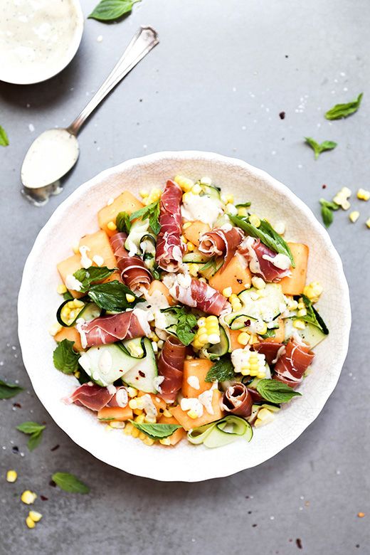 Corn, Zucchini and Cantaloupe Salad Prosciutto and Fresh Herbs from floatingkitchen.net on foodiecrush.com