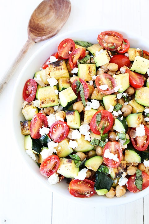 Grilled Zucchini, Chickpea, Tomato and Goat Cheese Salad from twopeasandtheirpod.com on foodiecrush.com