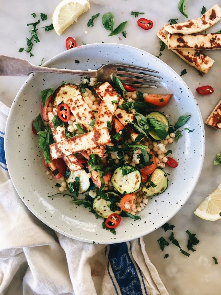 Halloumi, Zucchini, Tomato and Pearl Couscous Salad from thehealthyhunterblog.com on foodiecrush.com