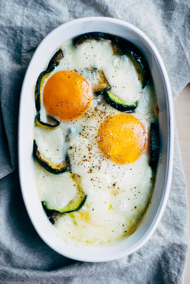 Mozzarella Baked Eggs with Zucchini and Tobasco Green Sauce from brooklynsupper.com on foodiecrush.com
