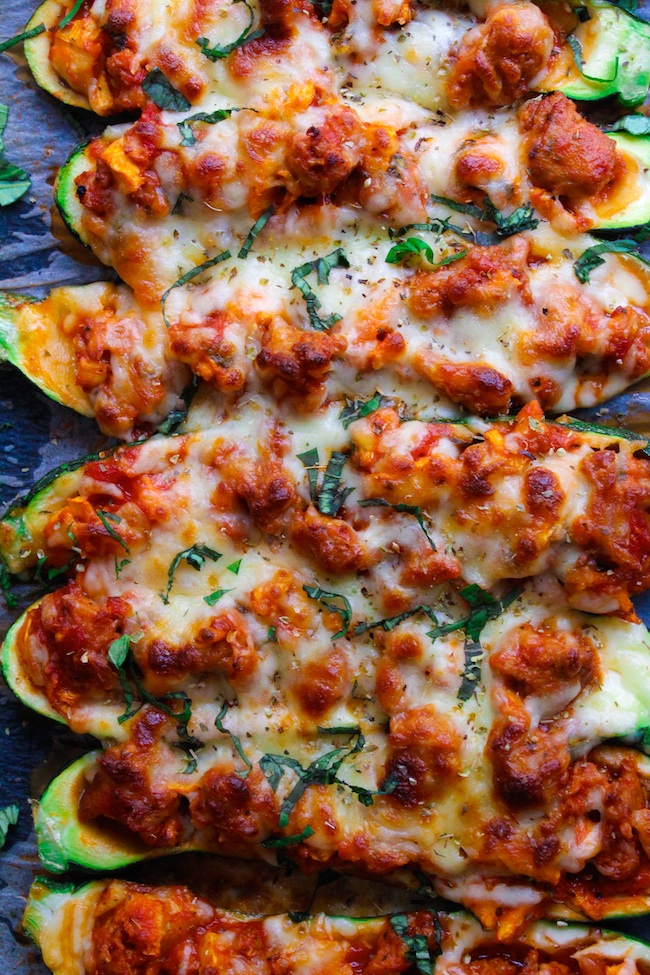 Zucchini Pizza Boats with Italian Sausage from asaucykitchen.com on foodiecrush.com