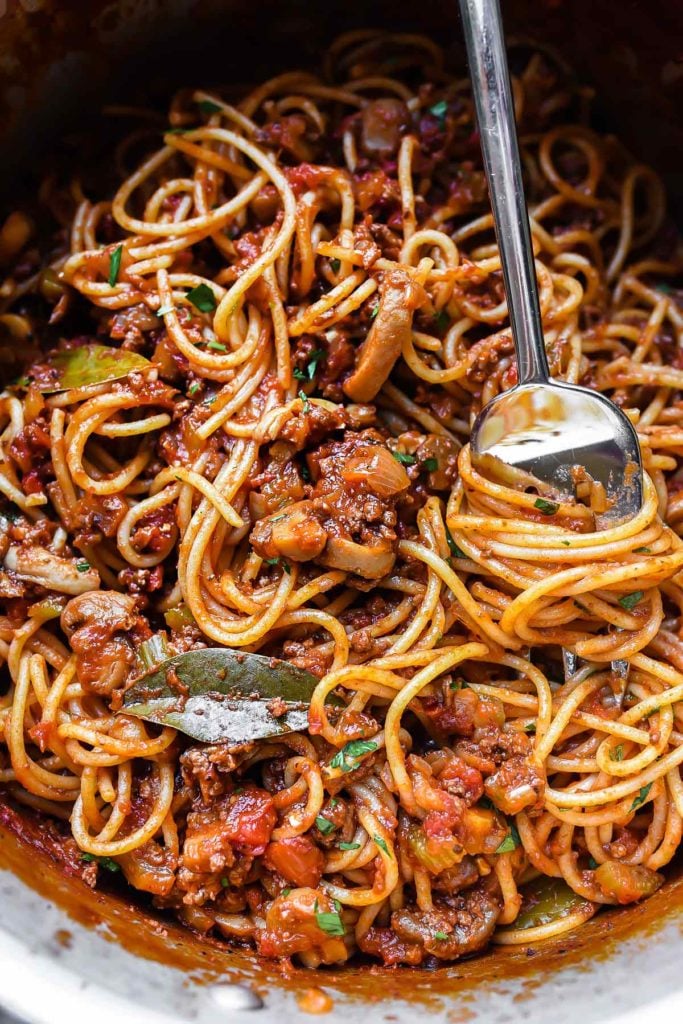 homemade spaghetti and meat sauce in pot 