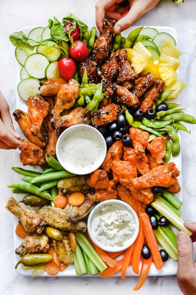 How to Make a Game-Day 4-Way Baked Chicken Wing Platter | foodiecrush.com #football #appetizer #chicken #wings #platter #board