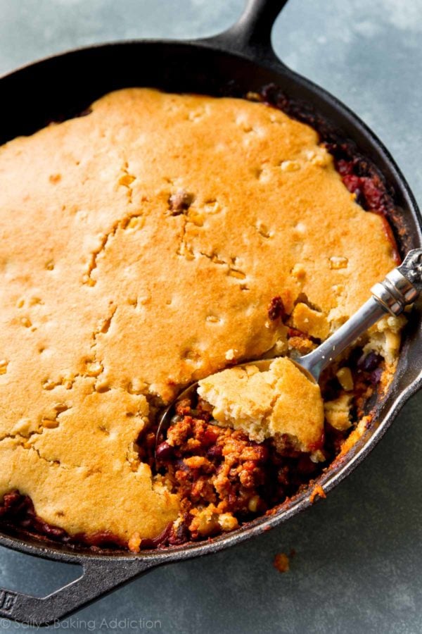 Cornbread-Topped Skillet Chili from sallysbakingaddiction.com on foodiecrush.com