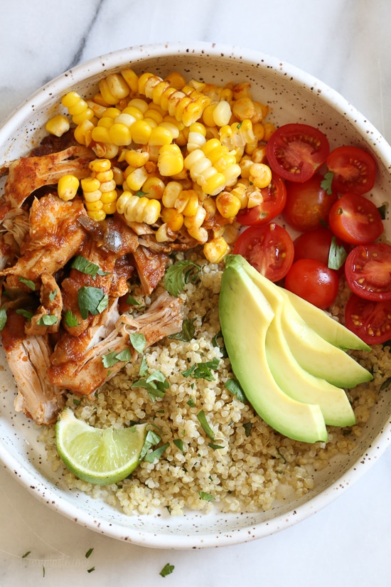 Instant Pot Chipotle Chicken Bowls with Cilantro Lime Quinoa from skinnytaste.com on foodiecrush.com