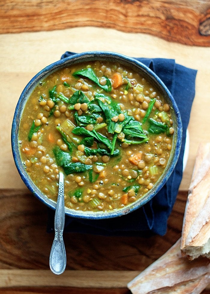 Instant Pot Golden Lentil & Spinach Soup from kitchentreaty.com on foodiecrush.com