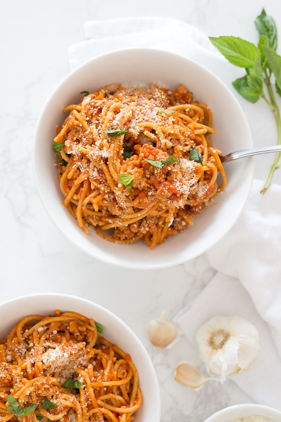 Instant Pot One-Pot Spaghetti with Meat Sauce from skinnytaste.com on foodiecrush.com
