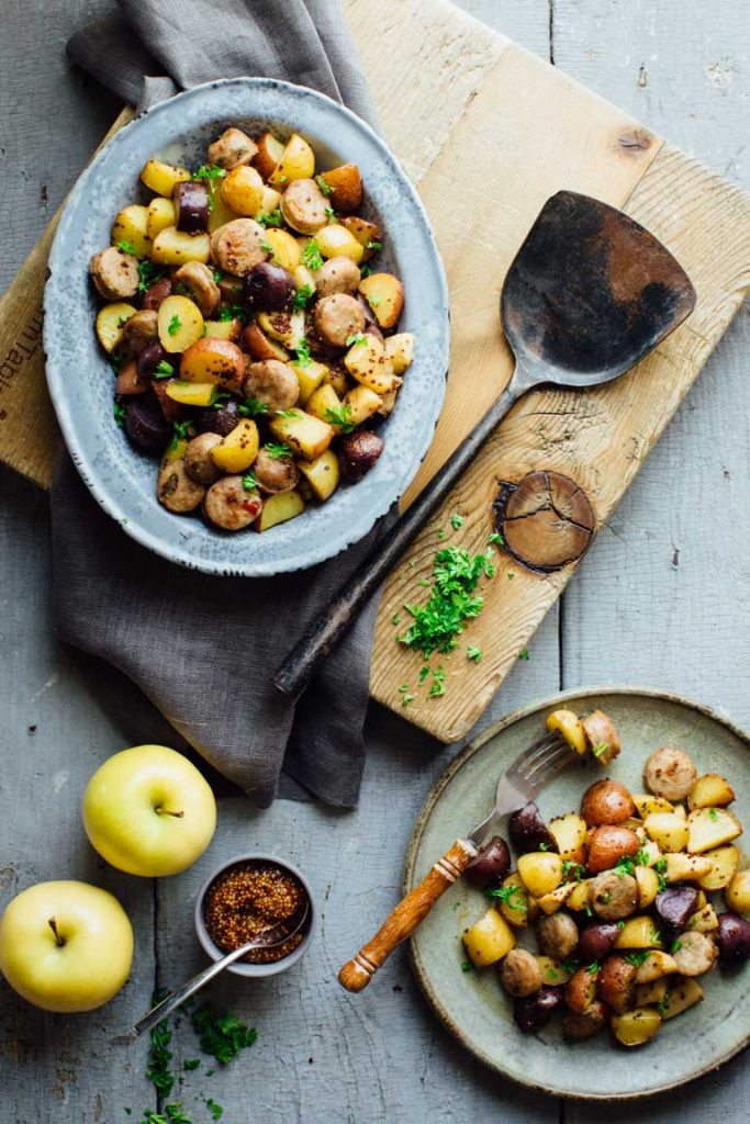 Roasted Potatoes with Apples, Sausage, and Maple Mustard Glaze from Healthy Seasonal REcipes on foodiecrush.com