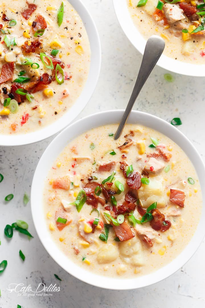 Slow Cooker Chicken Bacon Corn Chowder from cafedelites.com on foodiecrush.com