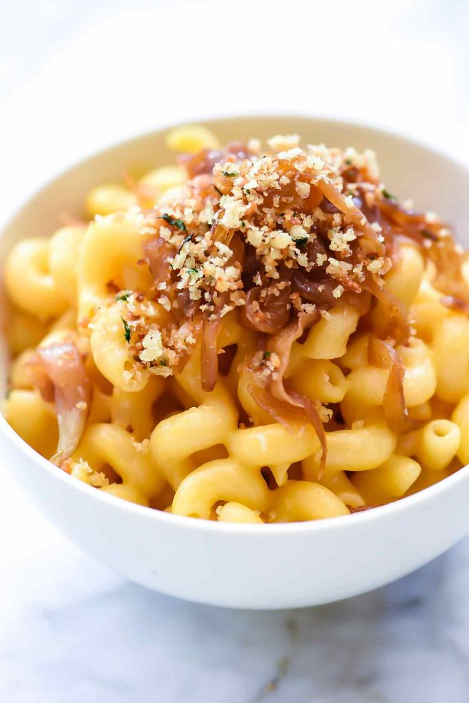 Intant Pot Macaroni and Cheese with Caramelized Onions | foodiecrush.com #macaroniandcheese #macaroni #pasta #cheese #comfortfood #recipes #dinnertime