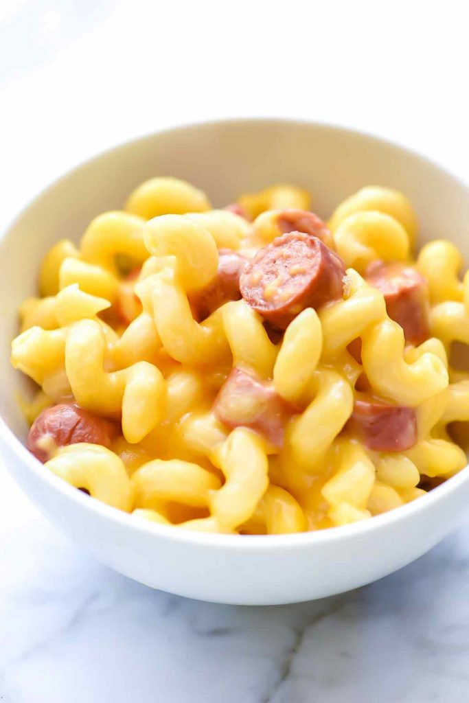 Instant Pot Macaroni and Cheese with Hot Dogs | foodiecrush.com #macaroniandcheese #macaroni #pasta #cheese #comfortfood #recipes #dinnertime 