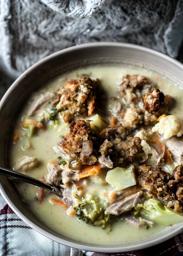Leftover Turkey Broccoli Soup with Stuffing Croutons from thepretendbaker.com on foodiecrush.com