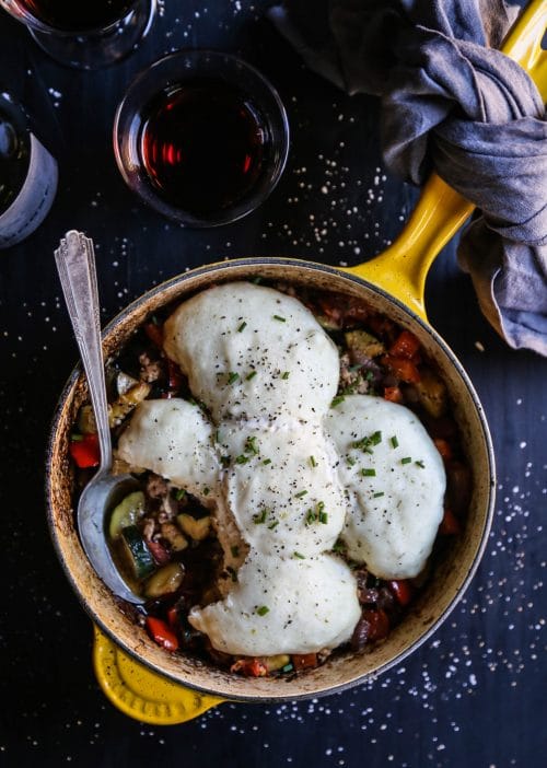 Leftover Turkey Ratatouille Skillet with Herbed Dumplings from climbinggriermountain.com on foodiecrush.com
