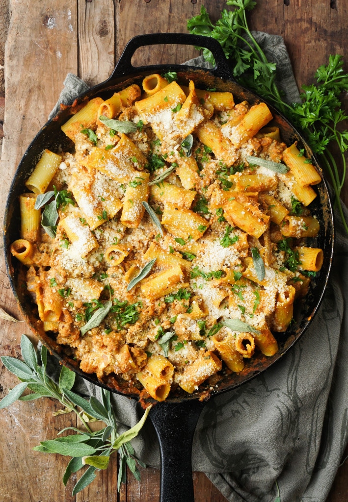 Pumpkin Baked Ziti with Sage Sausage from vodkaandbiscuits.com on foodiecrush.com