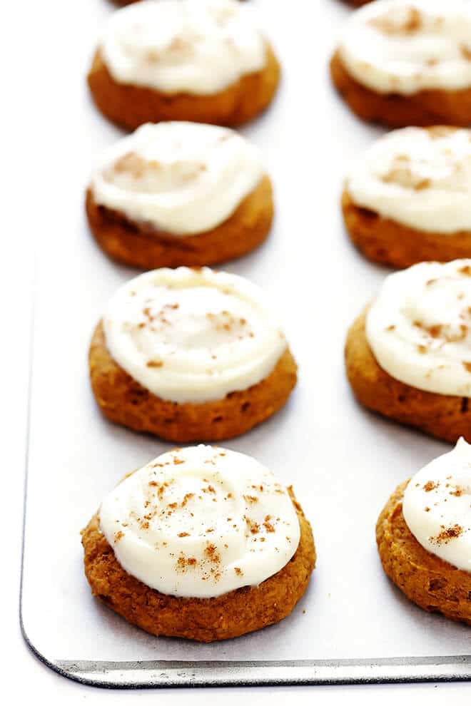 Pumpkin Cookies with Cream Cheese Frosting from gimmesomeoven.com on foodiecrush.com