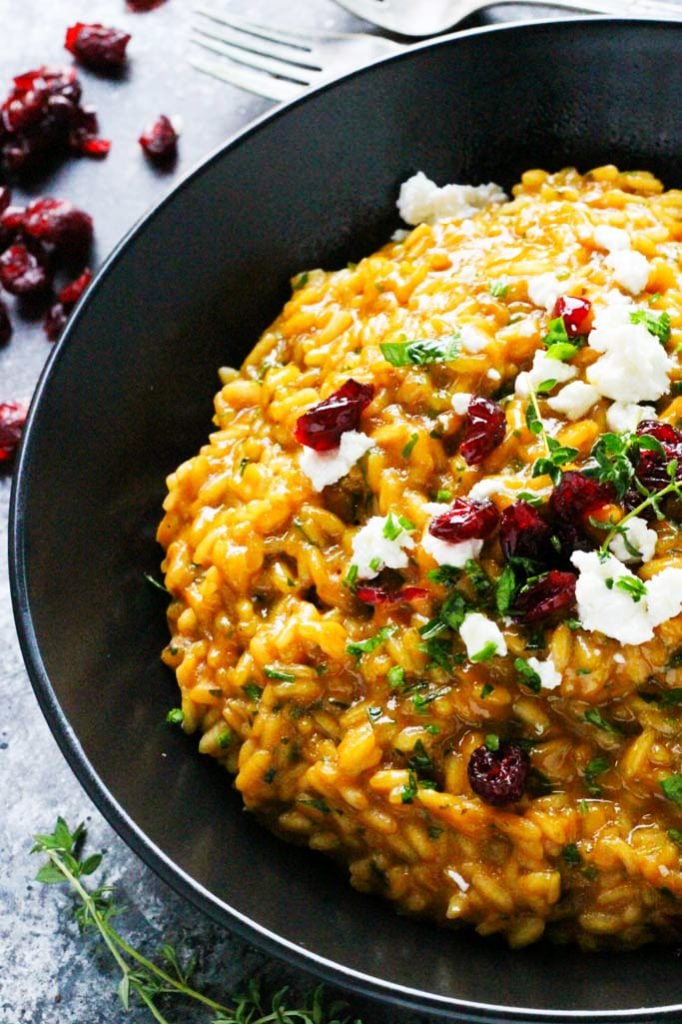 Pumpkin Risotto with Goat Cheese & Dried Cranberries from platingsandpairings.com on foodiecrush.com
