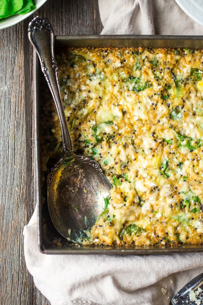 Spinach Artichoke Quinoa Casserole from foodfaithfitness.com on foodiecrush.com