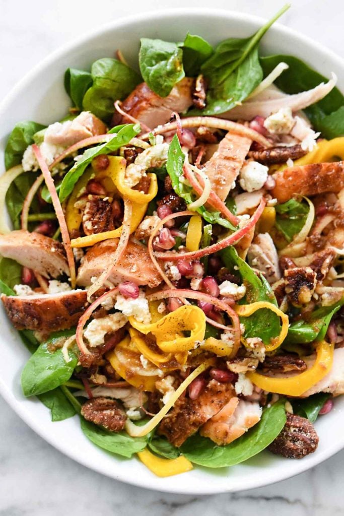 Spinach Salad with Turkey and Spiralized Apples and Butternut Squash | foodiecrush.com #spinach #salad #turkey #recipes #dinner