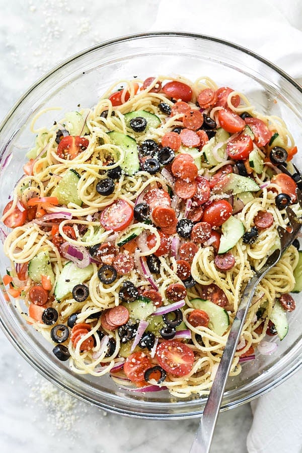 Easy Italian Spaghetti Pasta Salad from foodiecrush.com on foodiecrush.com