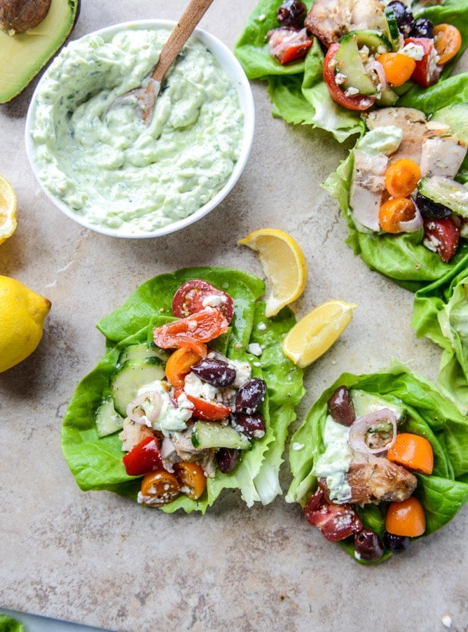 30 Minute Greek Chicken Lettuce Cups with Avocado Tzatziki from howsweeteats.com on foodiecrush.com