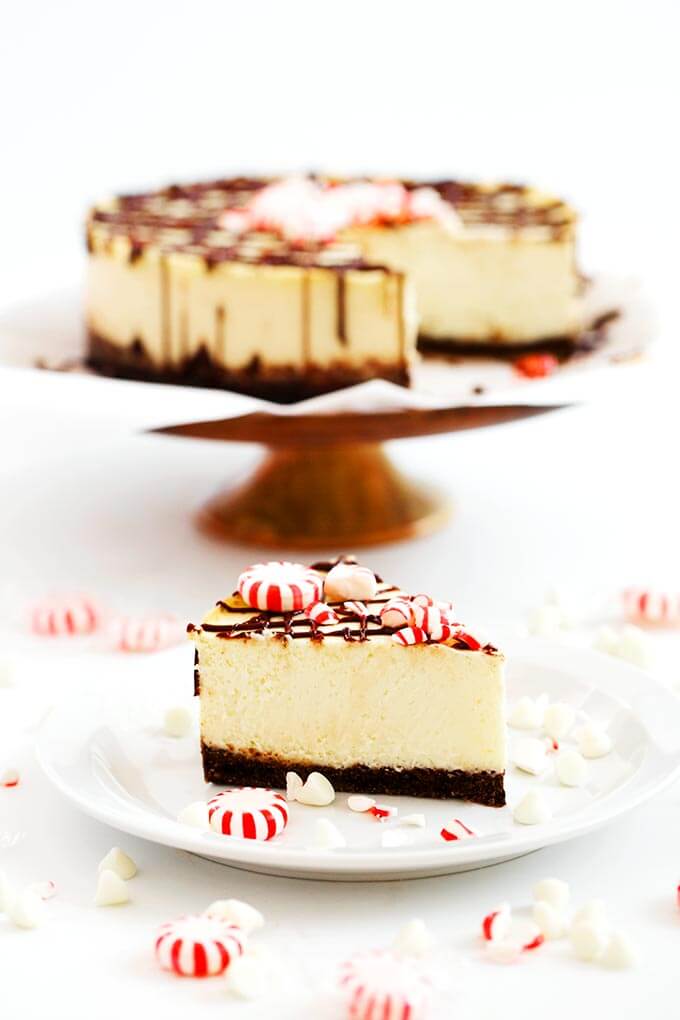 Instant Pot White Chocolate Peppermint Cheesecake from simplyhappyfoodie.com on foodiecrush.com