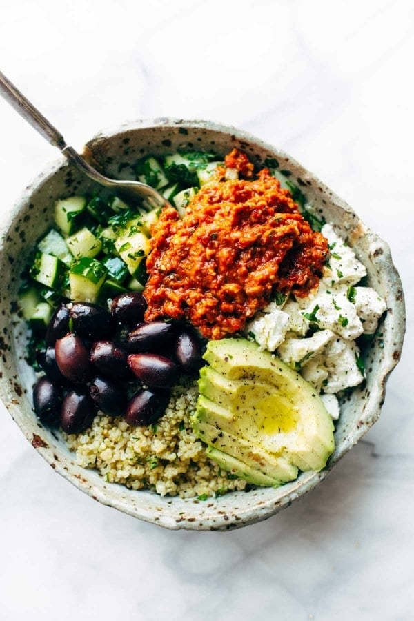 Mediterranean Quinoa Bowls with Roasted Red Pepper Sauce from pinchofyum.com on foodiecrush.com