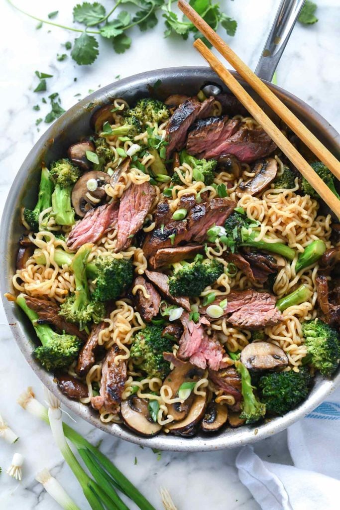 Asian Marinated Steak with Ramen Noodles | foodiecrush.com #steak #asian #marinade #ramen #noodles #stirfry