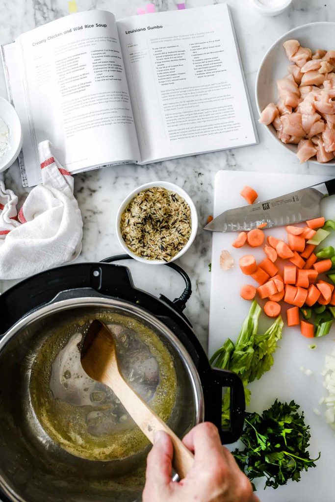 making instant pot chicken and wild rice soup