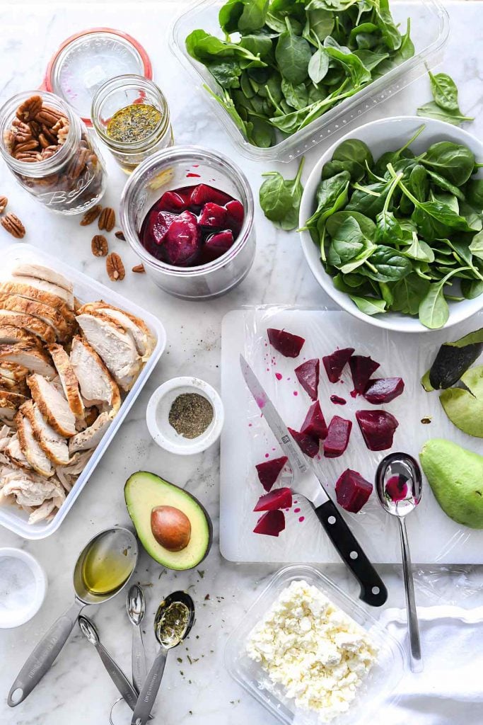 Roasted Beet and Avocado Spinach Salad with Chicken ingredients | foodiecrush.com