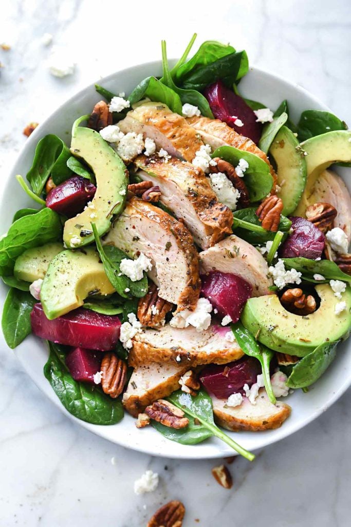 Roasted Beet and Avocado Spinach Salad with Chicken | foodiecrush.com #spinach #salad #beets #chicken #avocado