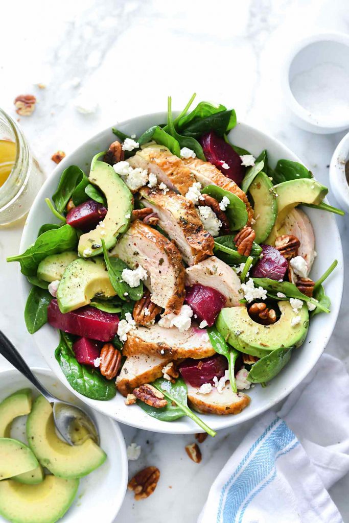 Roasted Beet and Avocado Spinach Salad with Chicken | foodiecrush.com #spinach #salad #beets #chicken #avocado